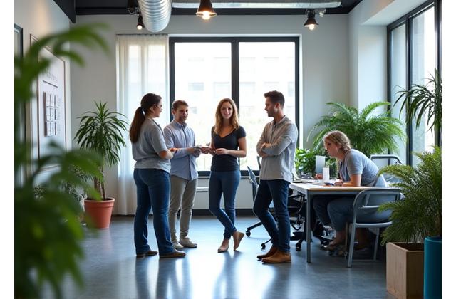 Équipe de travail collaborant dans un environnement zen