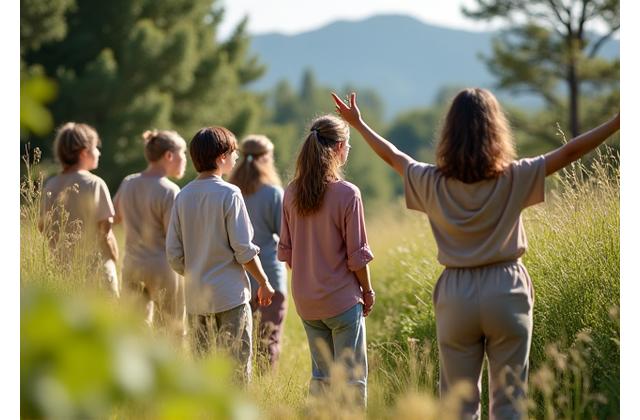 Groupe de personnes relaxées dans un cadre de retraite paisible